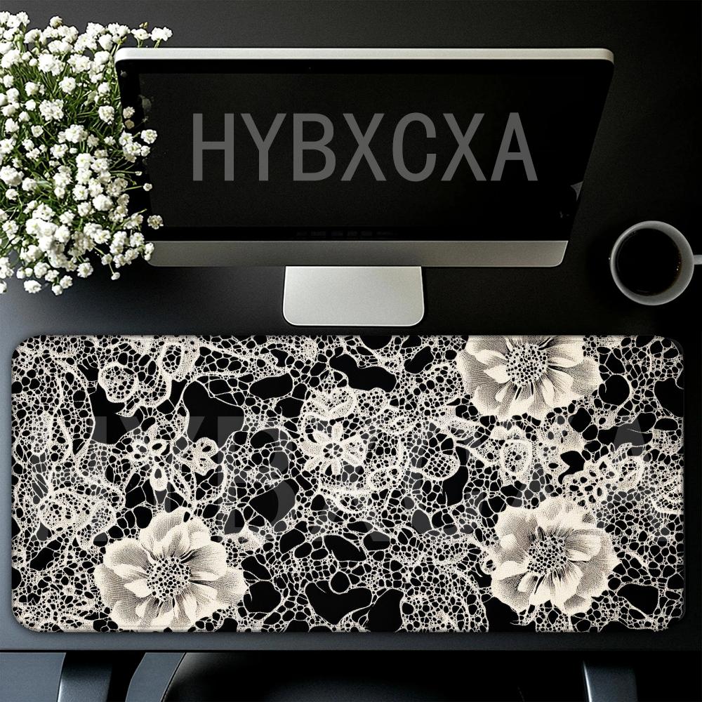 Retro Gaming Keyboard And Mouse - Black White Lace White Flower Minimalist